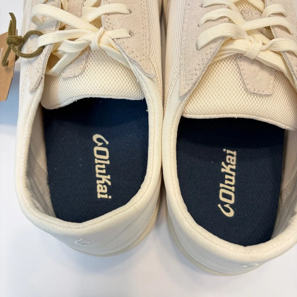 NEW OluKai Punini Mens White Sand Mesh Suede Drop-In Heel Sneakers  10.5M Casual